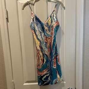 Multicolor Marble Velvet Print Slip Dress